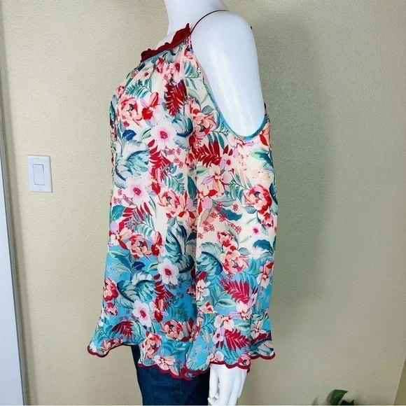 JOHNNY WAS Sz S Top Blue Floral Print Cold Shoulder - Picture 8 of 13